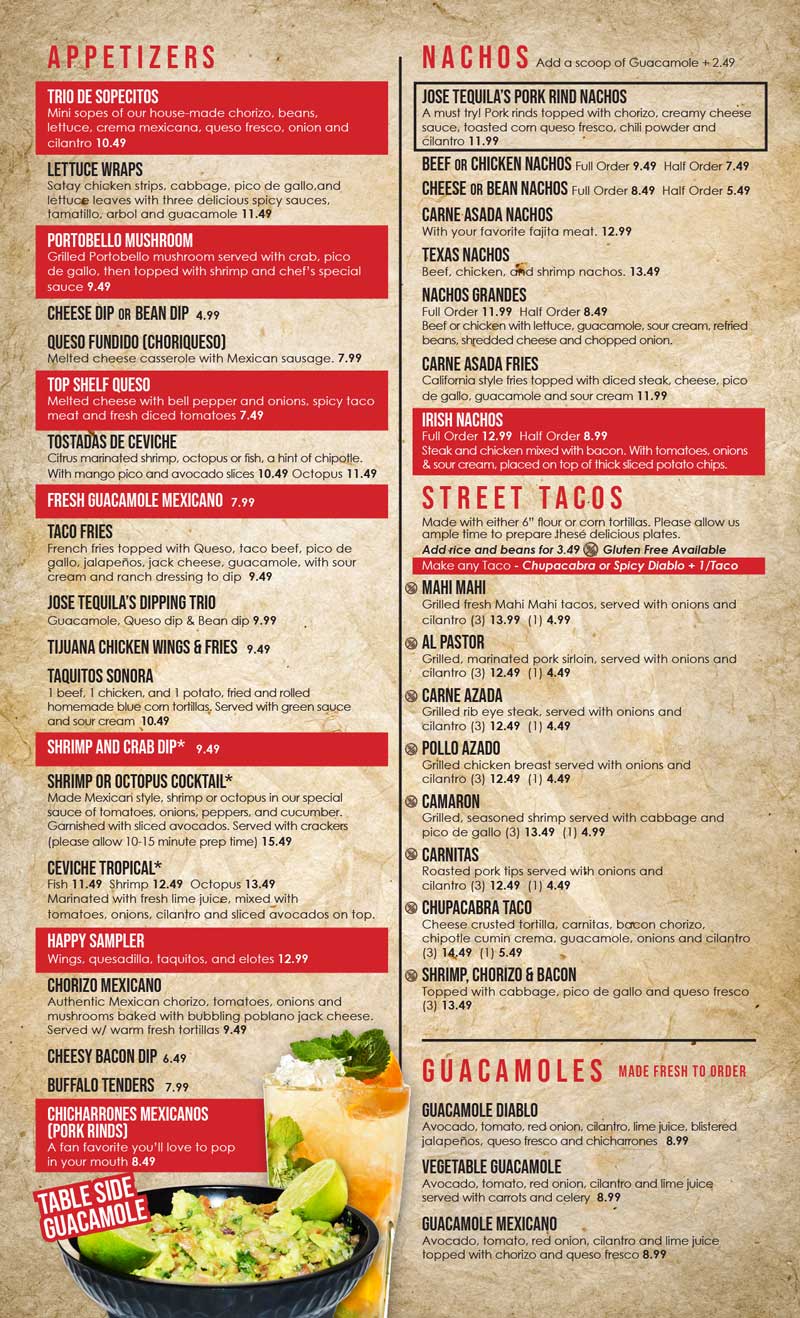 Jose Tequilas Authentic Mexican Cuisine Jose Tequilas Menu